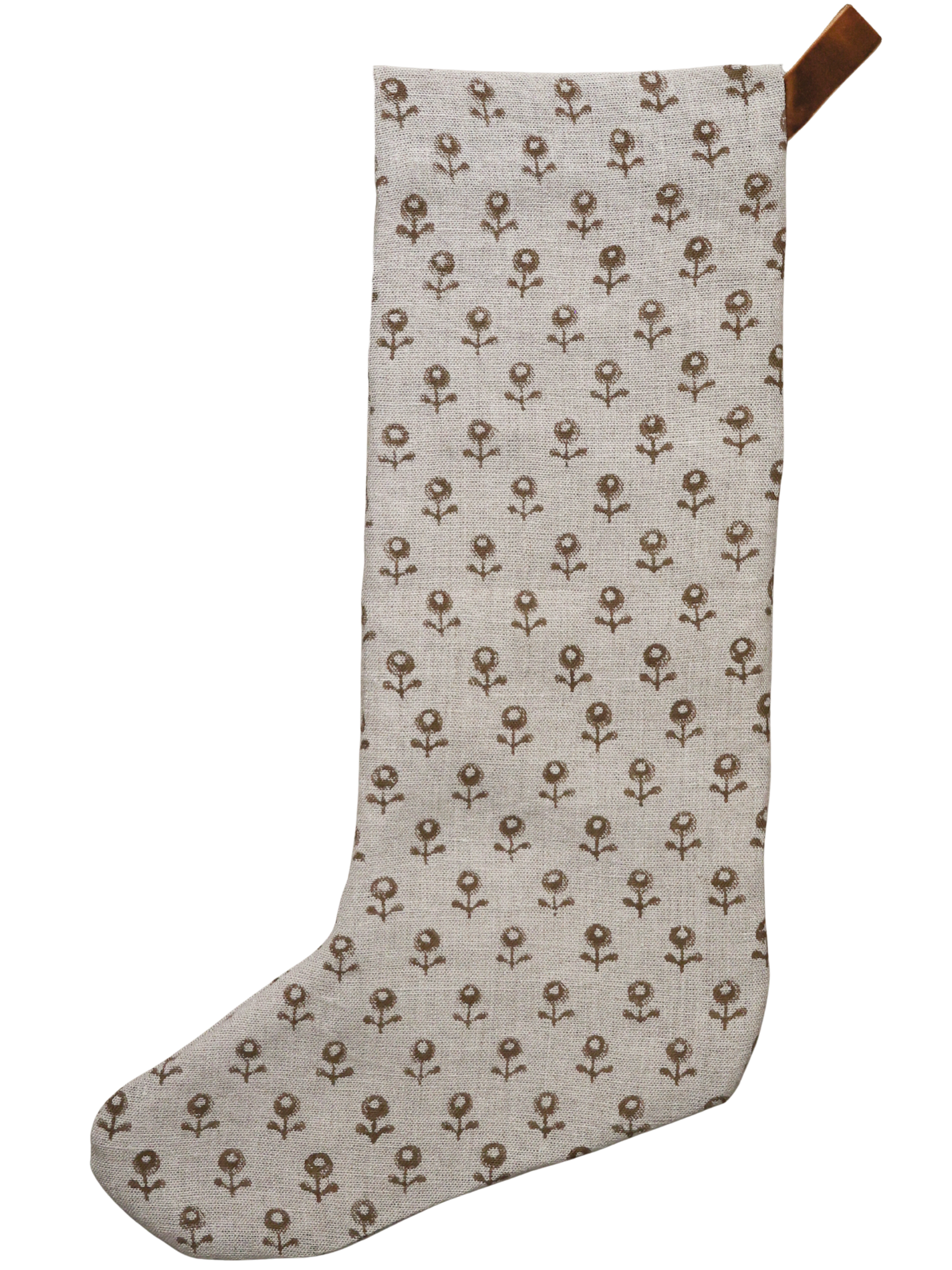 Large linen Christmas stocking with a minimalist brown floral block print pattern and a brown velvet hanging loop, displayed on a plain background.