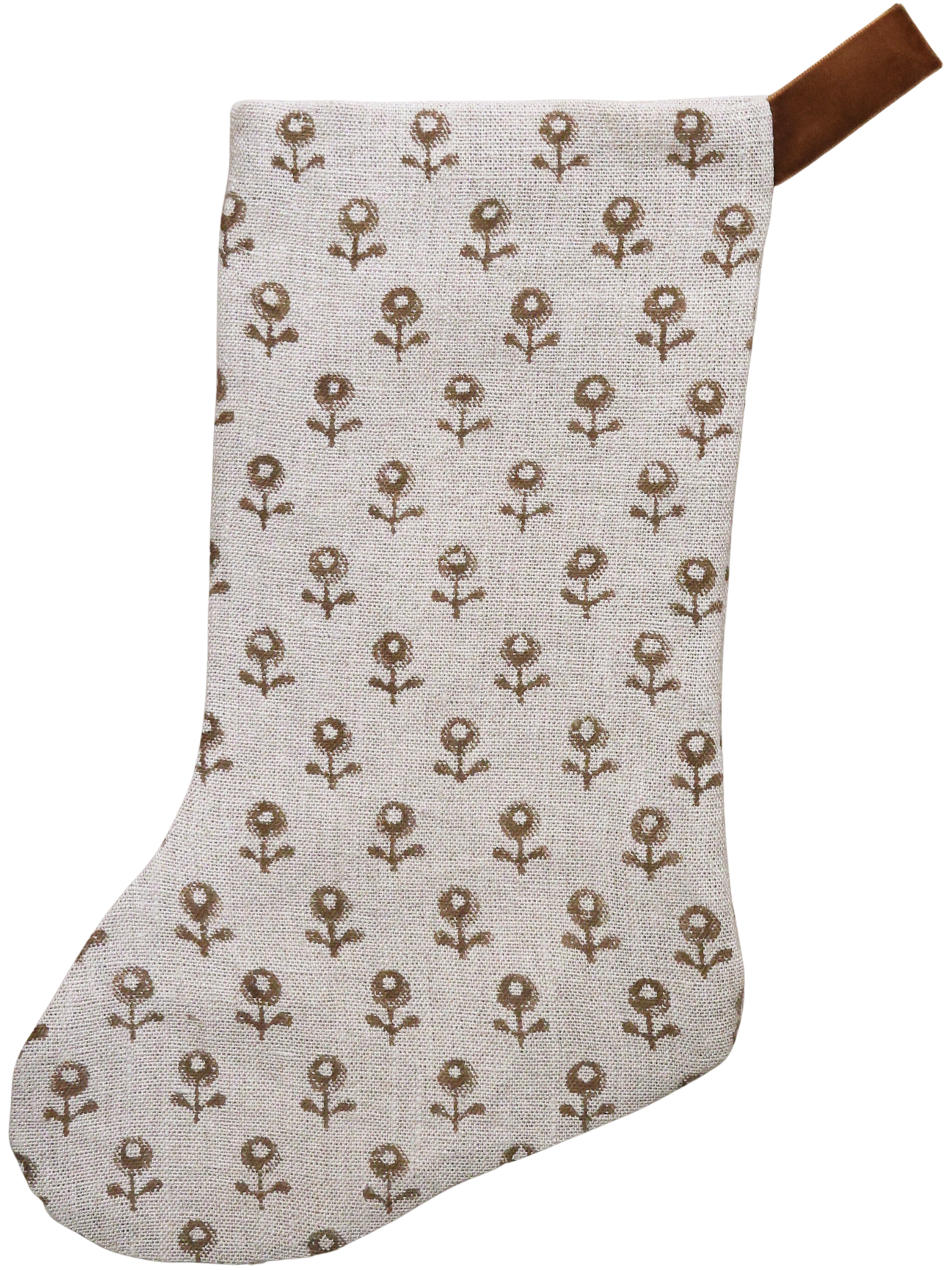 Neutral linen Christmas stocking with a tan floral block print pattern and a brown velvet hanging loop, displayed on a white background.