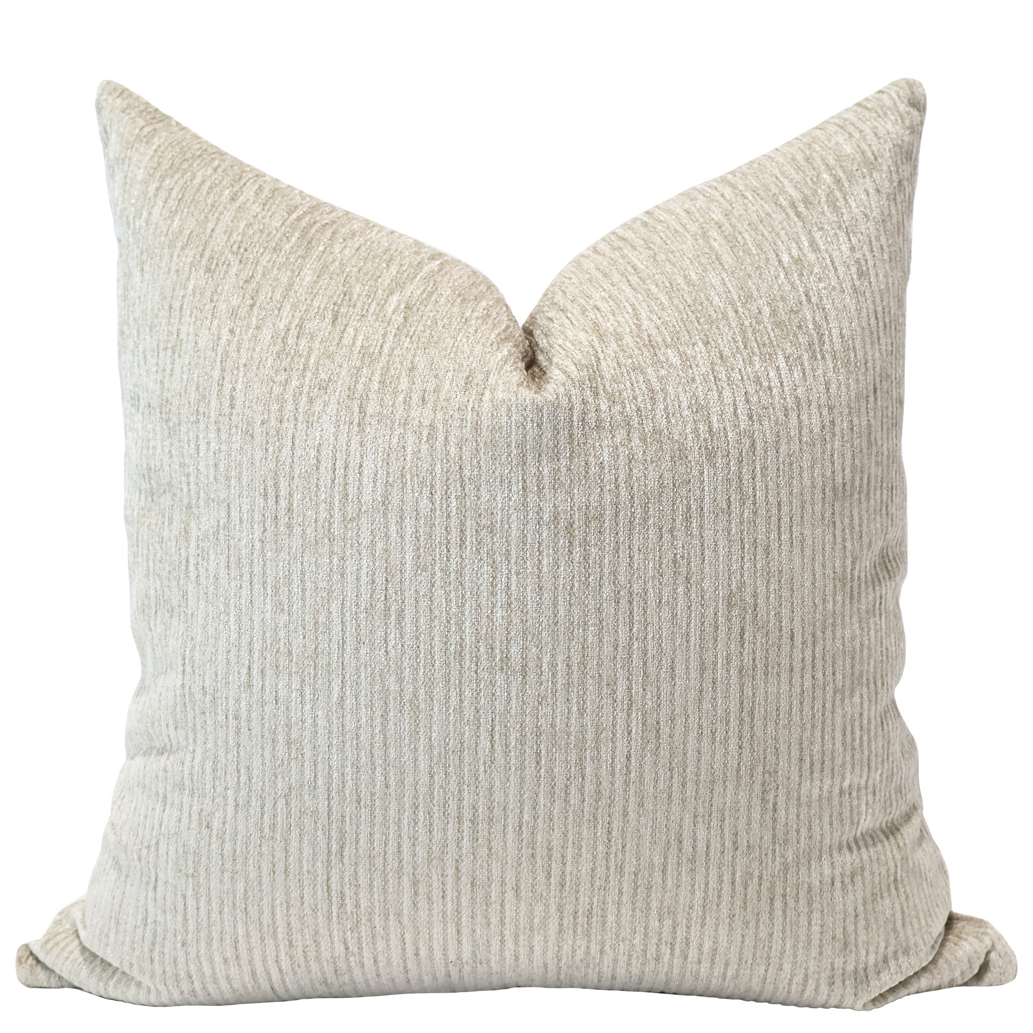 Square pillow in a soft beige velvet fabric with a subtle ribbed texture and a warm, neutral tone.