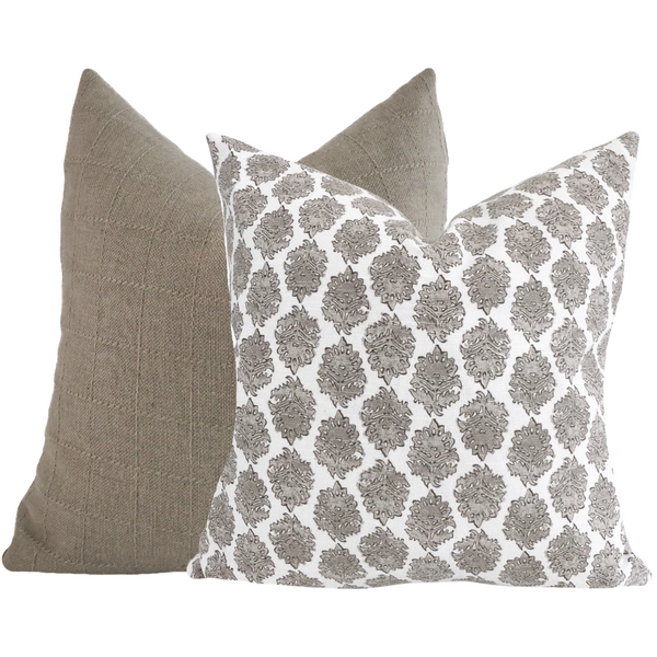 Hackner Home Belgian Countryside pillow cover set featuring a taupe textured solid pillow and a white pillow with elegant taupe damask block print design.