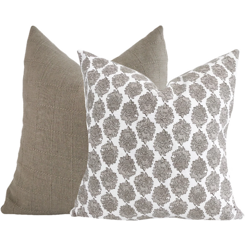 Hackner Home Belgian Countryside pillow cover set featuring a taupe textured solid pillow and a white pillow with elegant taupe damask block print design.