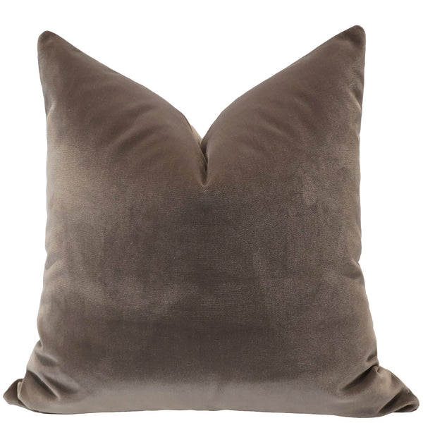 Square pillow in rich mocha brown velvet fabric with a smooth, soft texture and a subtle sheen.