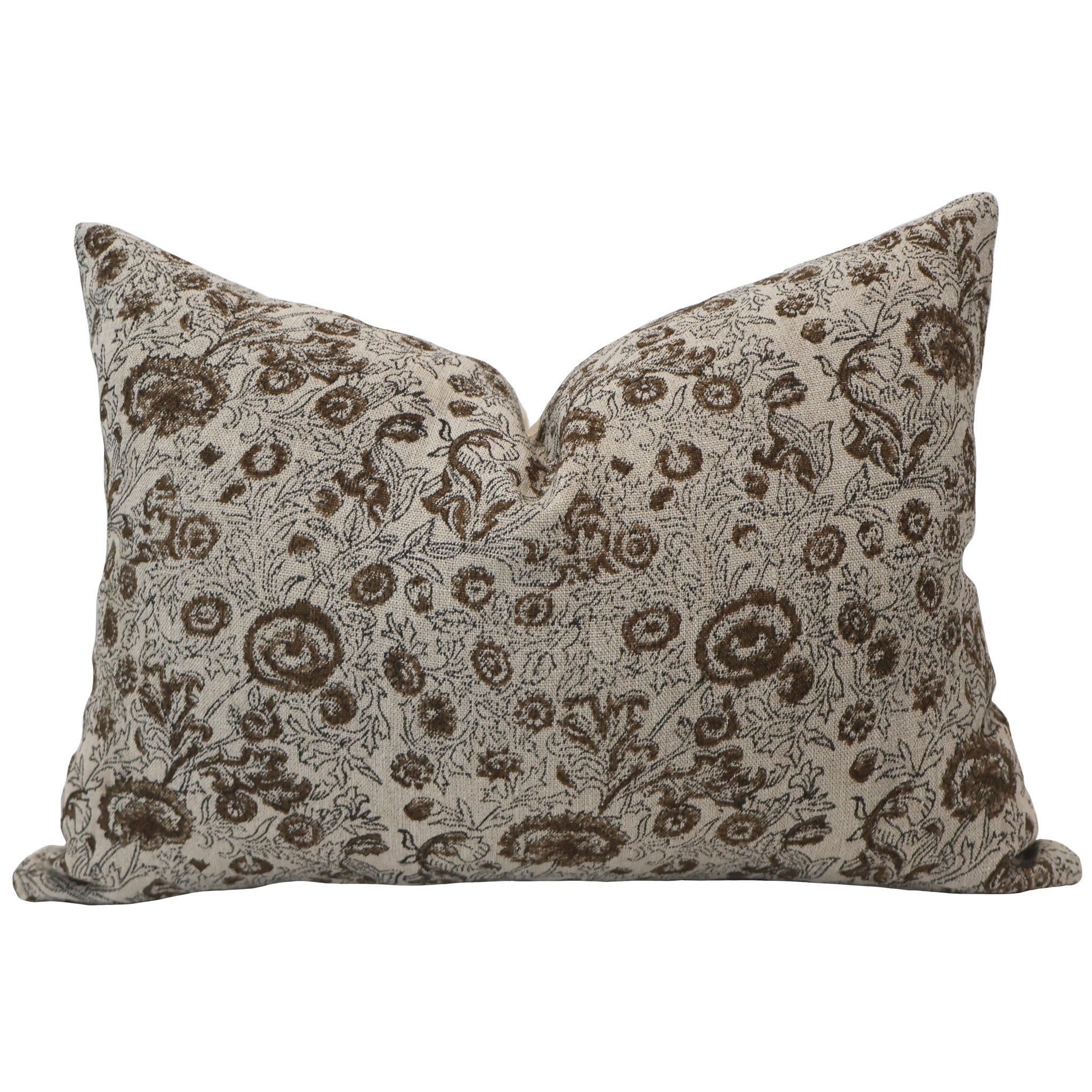 Lumbar pillow cover featuring an intricate chocolate brown floral block print on a beige background.