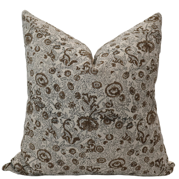Square pillow cover featuring a detailed chocolate brown floral block print on a beige background.