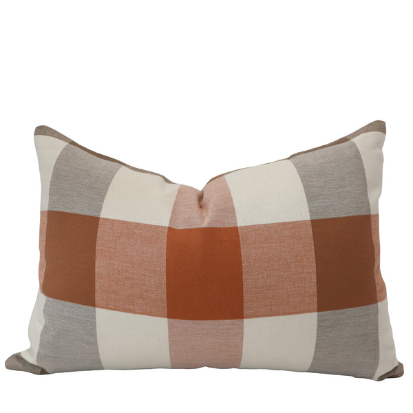 Lumbar view of the Hackner Home Cider Plaid pillow cover featuring a bold rust, tan, and cream checkered pattern with a soft, modern farmhouse style.