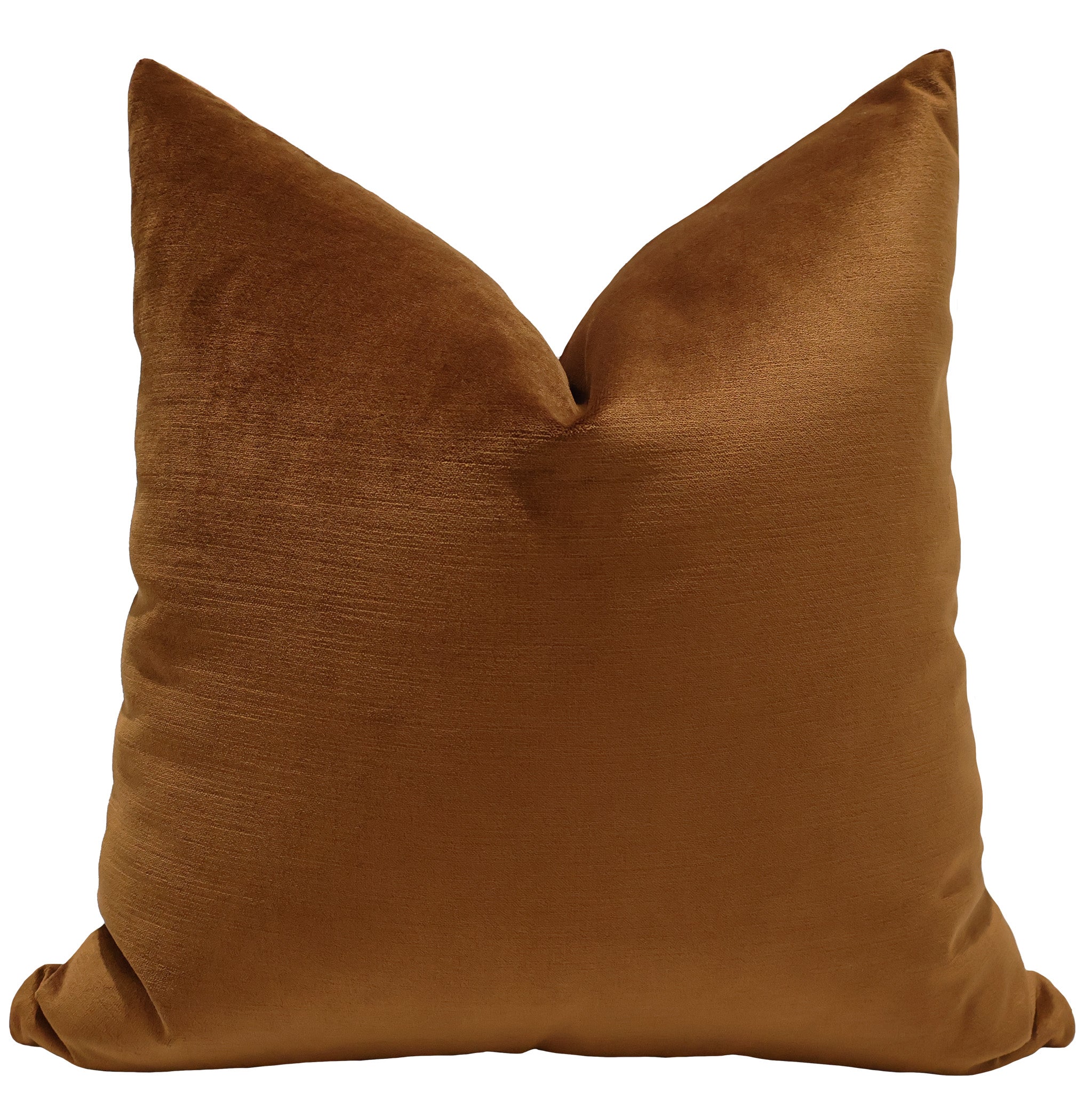Square copper velvet pillow cover with a rich, warm tone and smooth, lustrous texture.