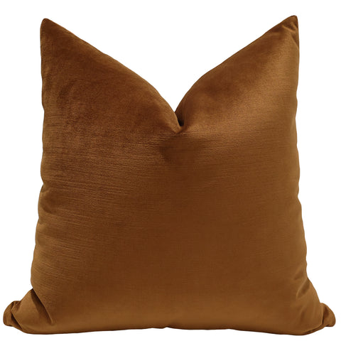 Square copper velvet pillow cover with a rich, warm tone and smooth, lustrous texture.