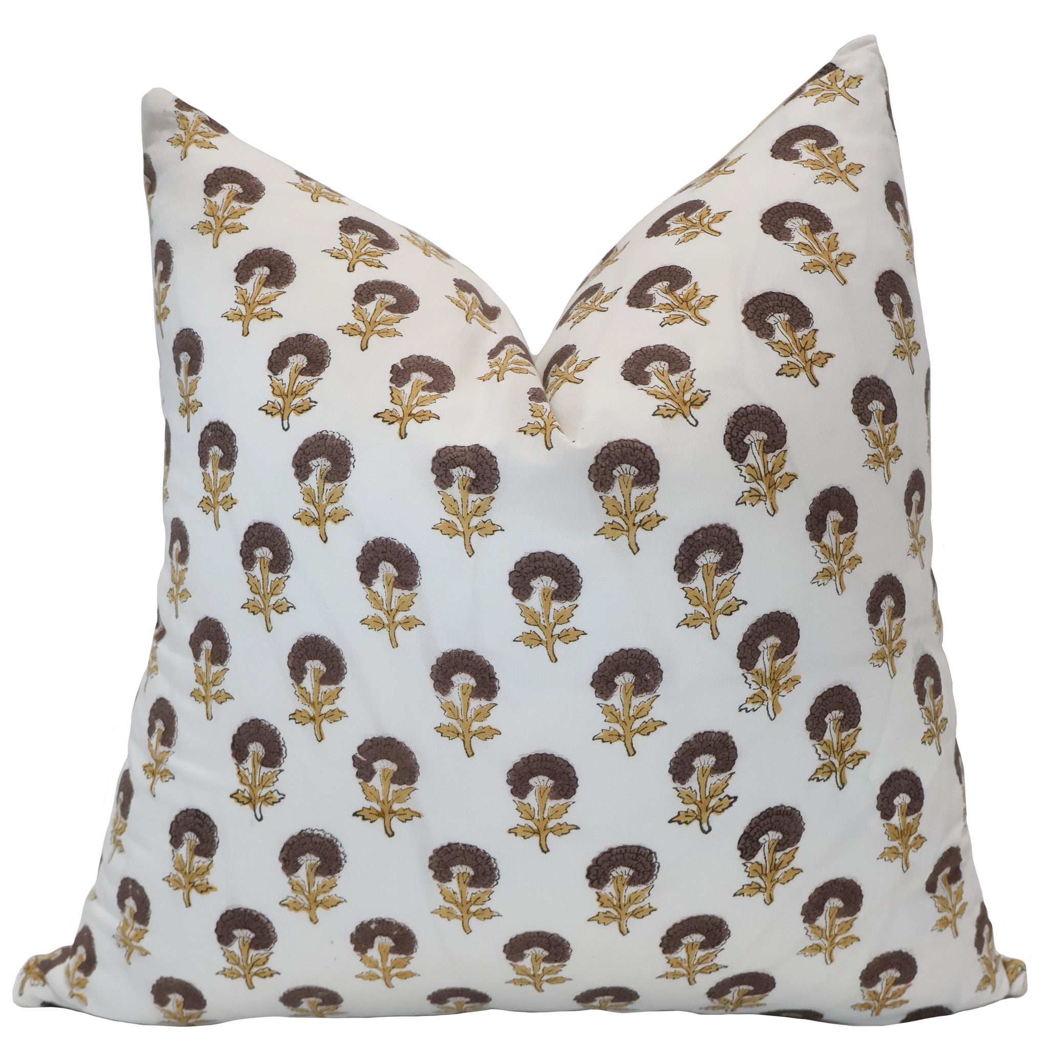 Hackner Home Dandelion Brown Floral Block Print pillow cover featuring a repeating hand-block floral pattern in brown and gold on an ivory background.