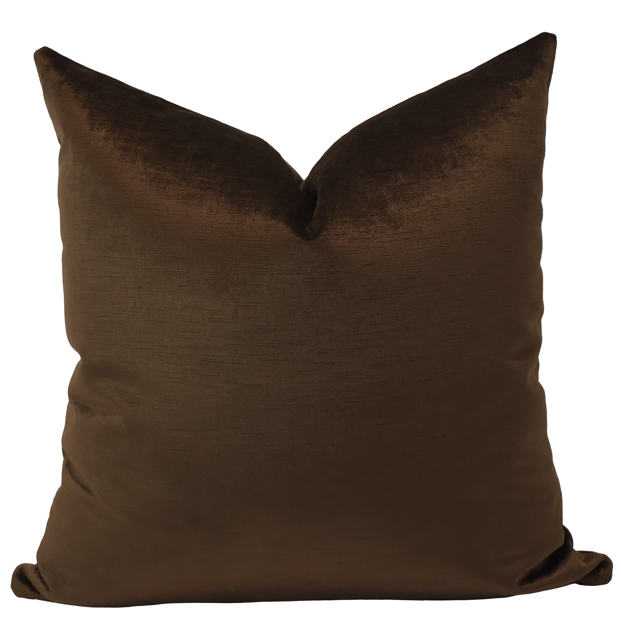 Square deep brown velvet pillow cover with a smooth, soft texture and slight sheen.