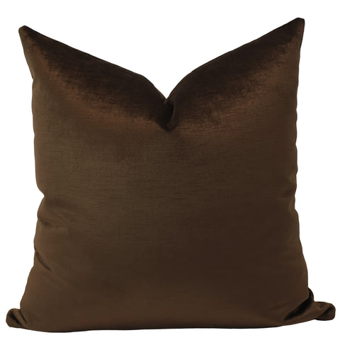 Square deep brown velvet pillow cover with a smooth, soft texture and slight sheen.