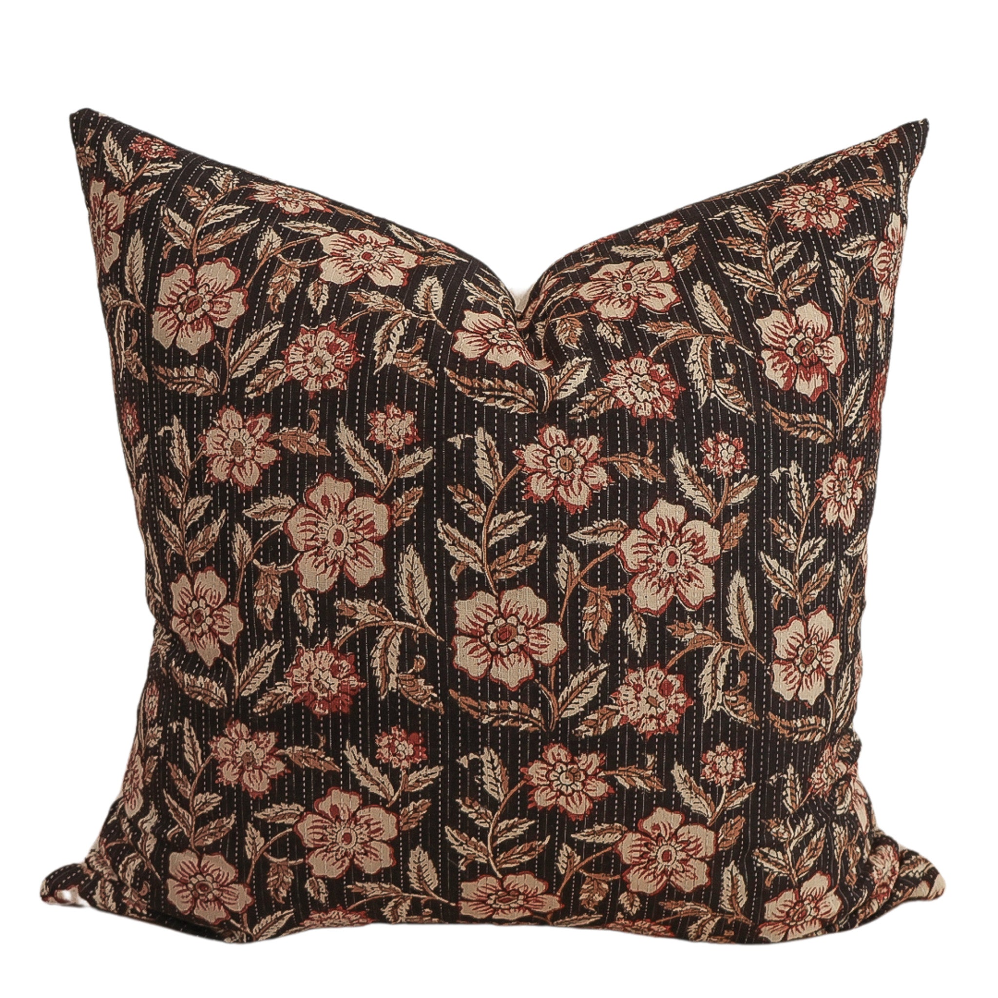 Square pillow cover featuring a vintage-inspired floral block print with rose and cream flowers on a dark background.