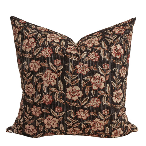 Square pillow cover featuring a vintage-inspired floral block print with rose and cream flowers on a dark background.