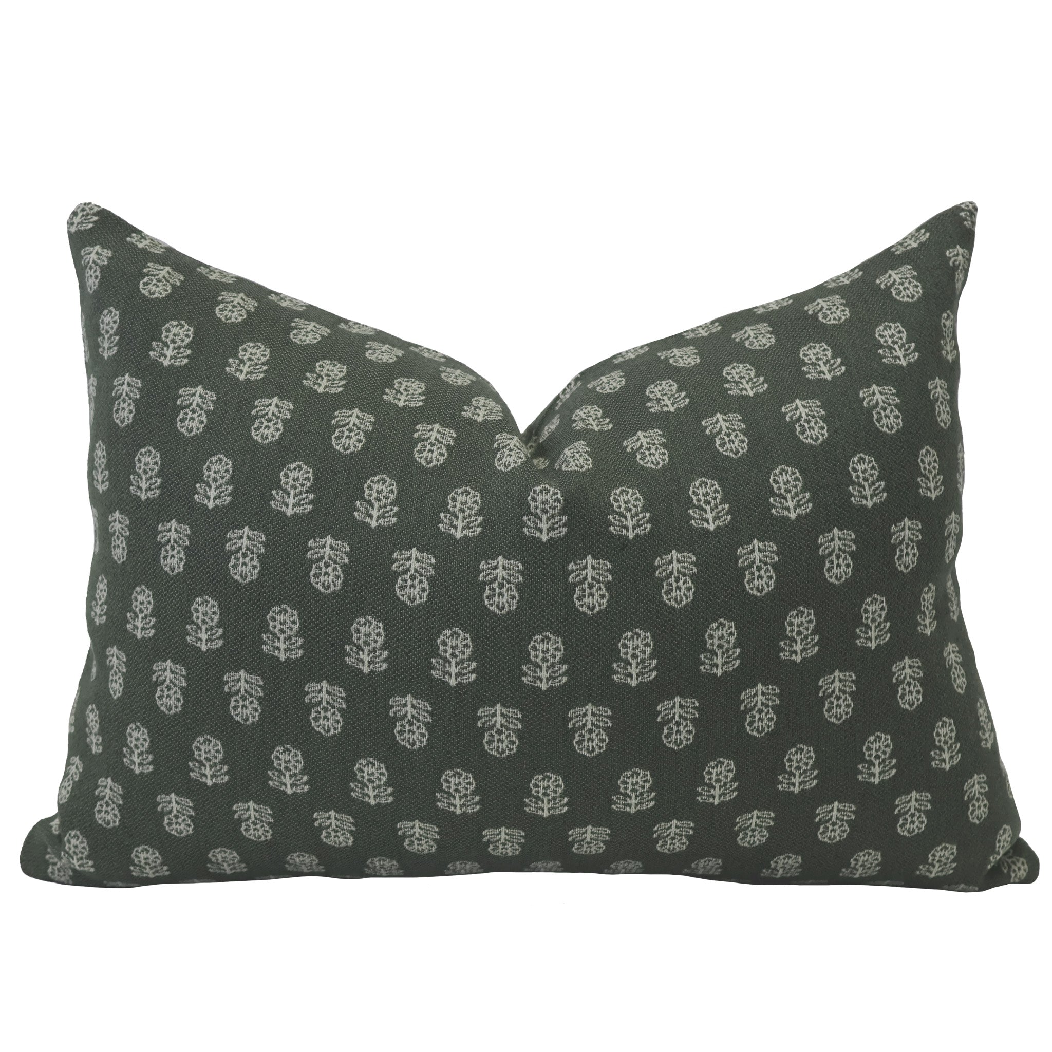 Hackner Home dark green decorative pillow cover with white hand-block floral design, perfect for cozy modern or cottage-style decor.
