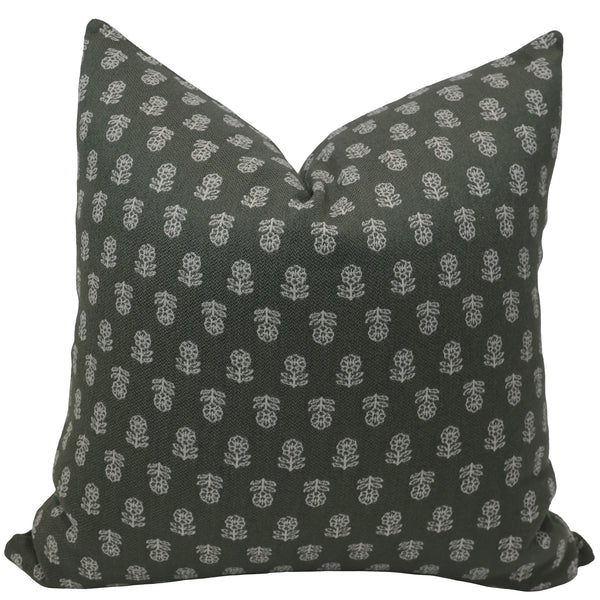 Hackner Home dark green decorative pillow cover with white hand-block floral design, perfect for cozy modern or cottage-style decor.