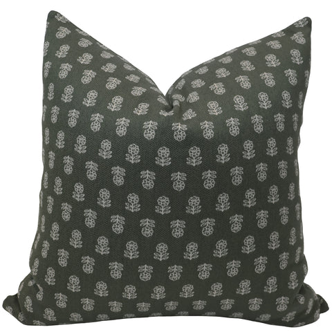 Hackner Home dark green decorative pillow cover with white hand-block floral design, perfect for cozy modern or cottage-style decor.