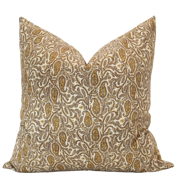 Hackner Home Fall Paisley pillow cover featuring a detailed gold and brown paisley pattern on a warm ivory background.