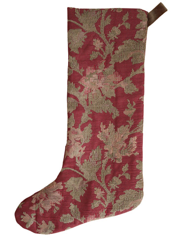 Elegant red and gold floral tapestry Christmas stocking with vintage-inspired pattern and hanging loop.