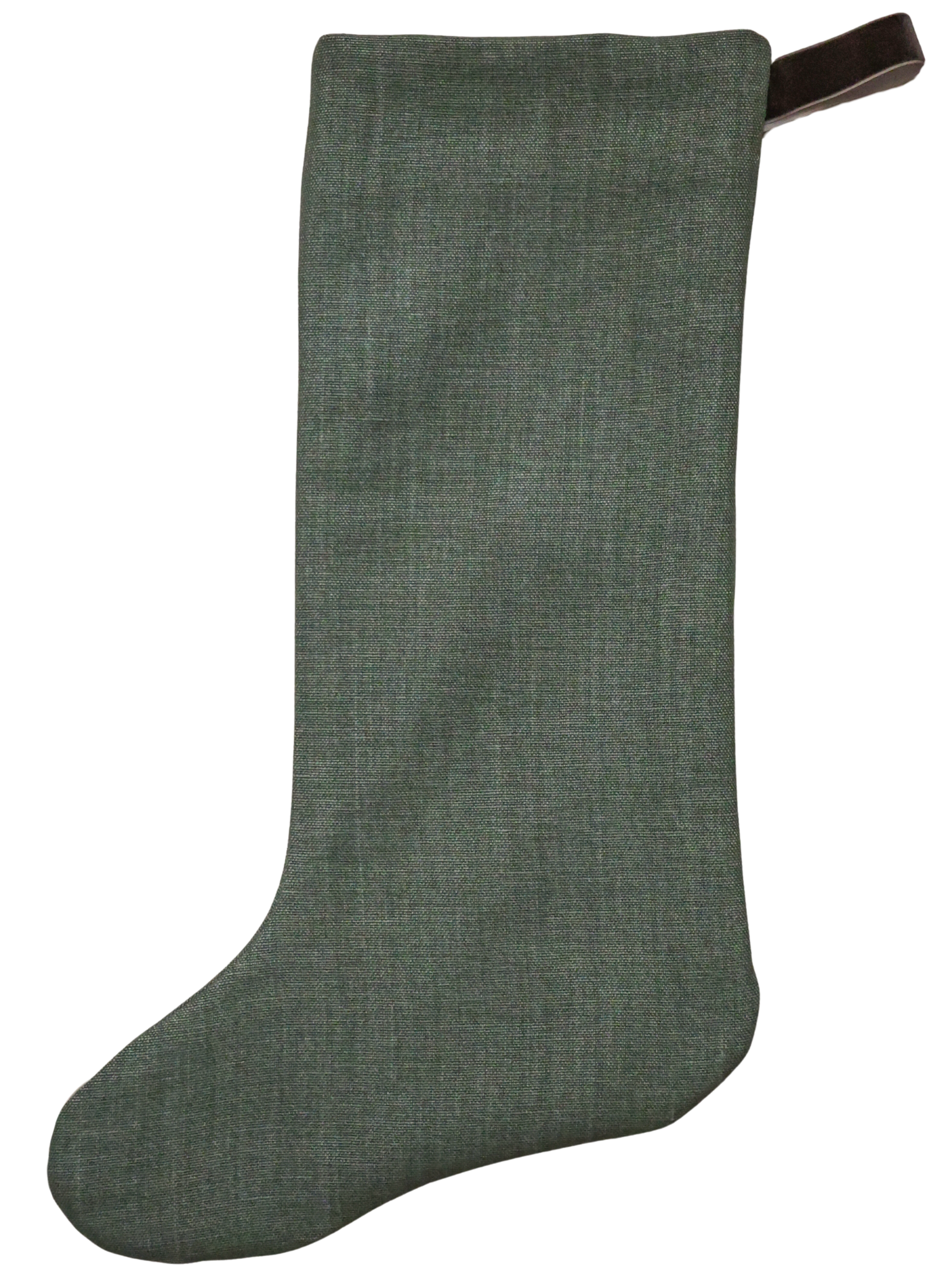 Forest green linen Christmas stocking with a brown velvet hanging loop — elegant and timeless holiday decor by Hackner Home.