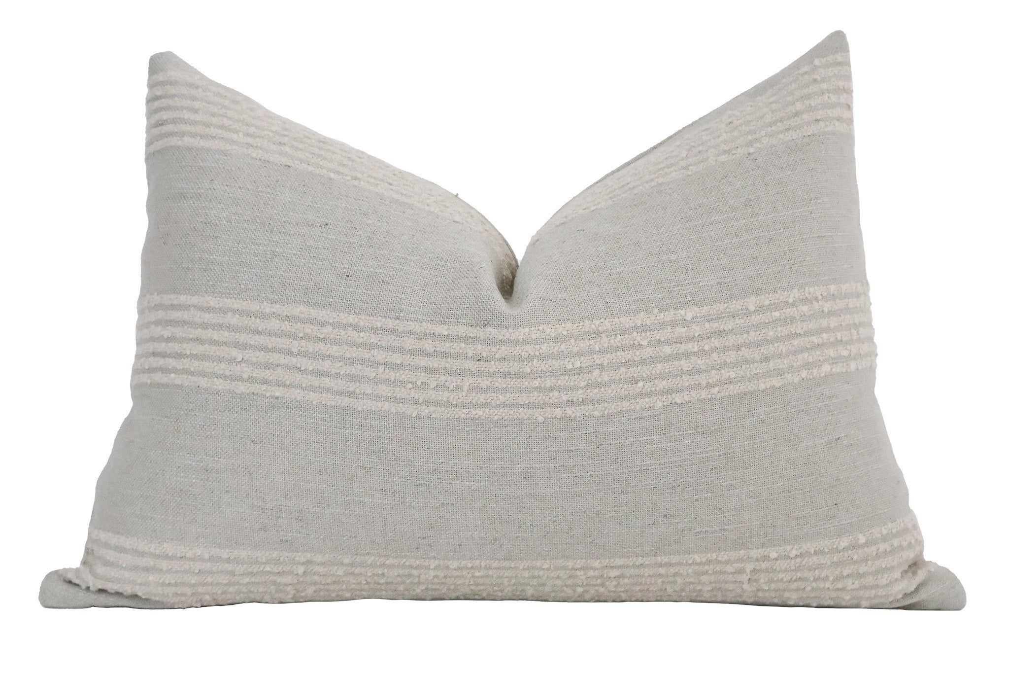 Hackner Home French Grain Sack Blue lumbar pillow cover featuring soft cream textured stripes on a light blue woven fabric for a cozy farmhouse-inspired look.