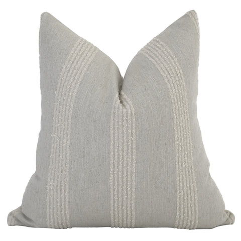 Hackner Home French Grain Sack Blue pillow cover featuring soft cream fabric with textured woven stripes for a vintage farmhouse look.