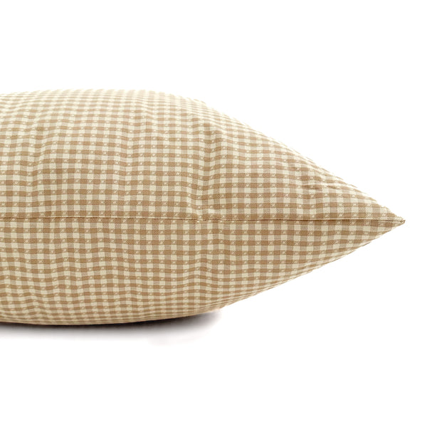 Side view of Hackner Home Green Meadow Gingham pillow cover showcasing beige and cream checkered fabric pattern with clean stitched seams.