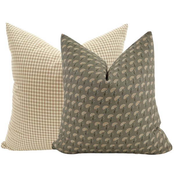 Hackner Home Green Meadow and Gingham pillow cover set with sage green floral pattern and beige gingham design, perfect for modern farmhouse or cottage-style decor.