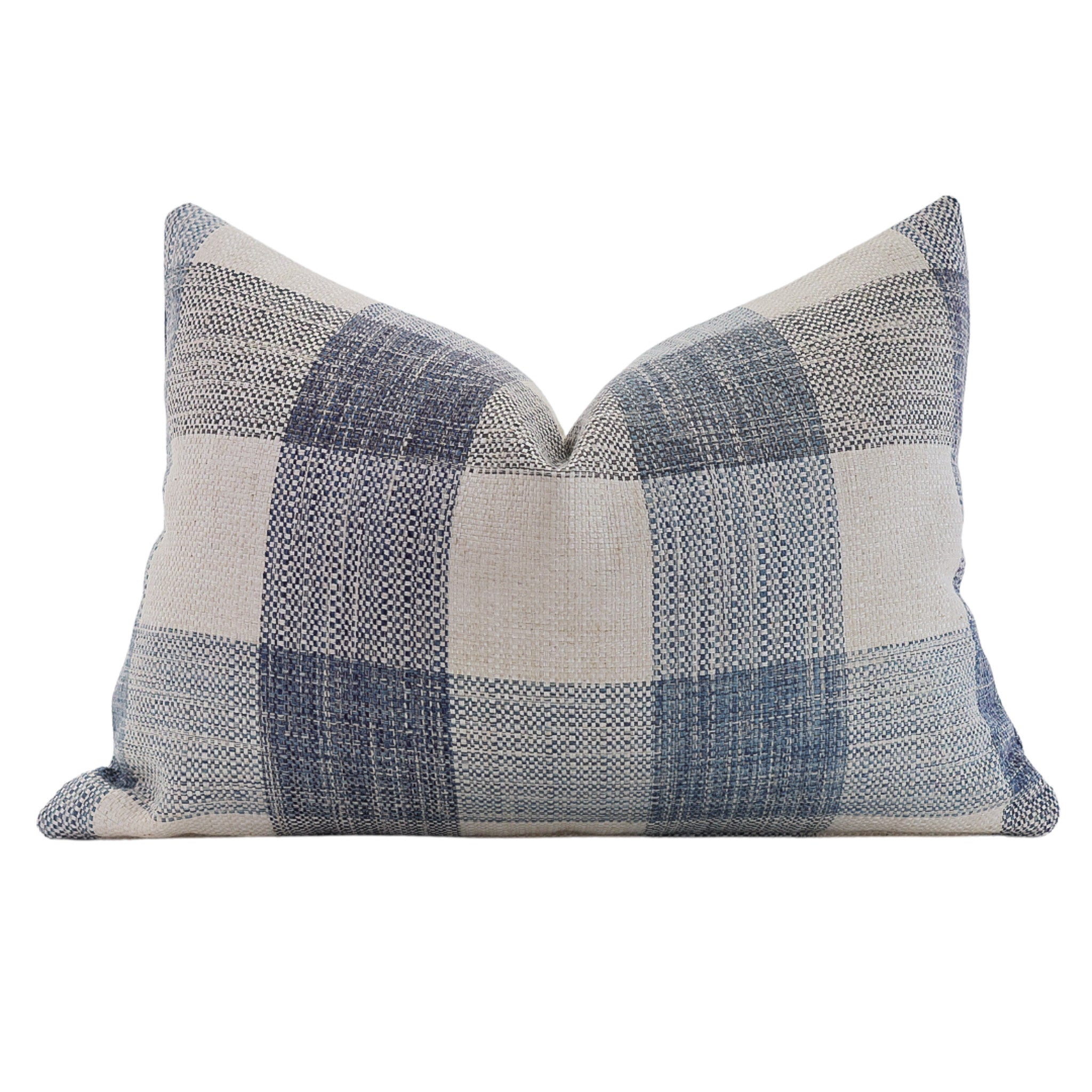 Hackner Home Hampton Breeze plaid lumbar pillow cover in blue and ivory check pattern with soft woven texture.