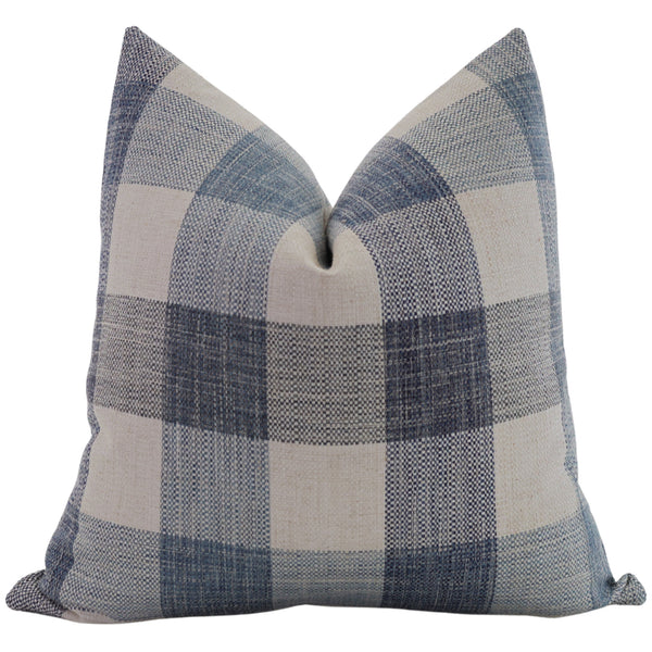 Hackner Home Hampton Breeze plaid pillow cover featuring soft blue and ivory checks in a timeless woven design.