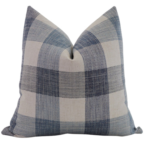 Hackner Home Hampton Breeze plaid pillow cover featuring soft blue and ivory checks in a timeless woven design.