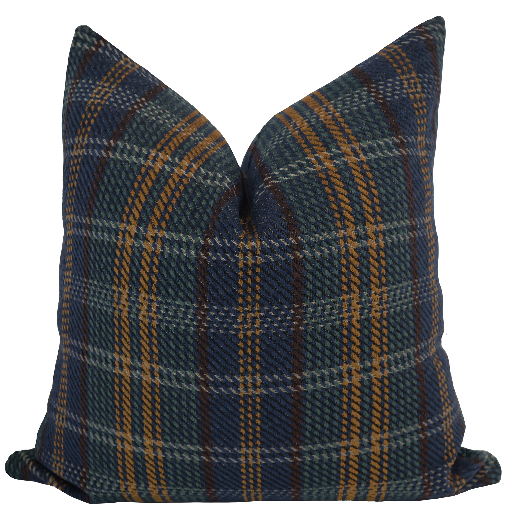 Front view of a square pillow cover featuring a heather and thistle plaid pattern in navy blue, green, mustard yellow, and brown tones.