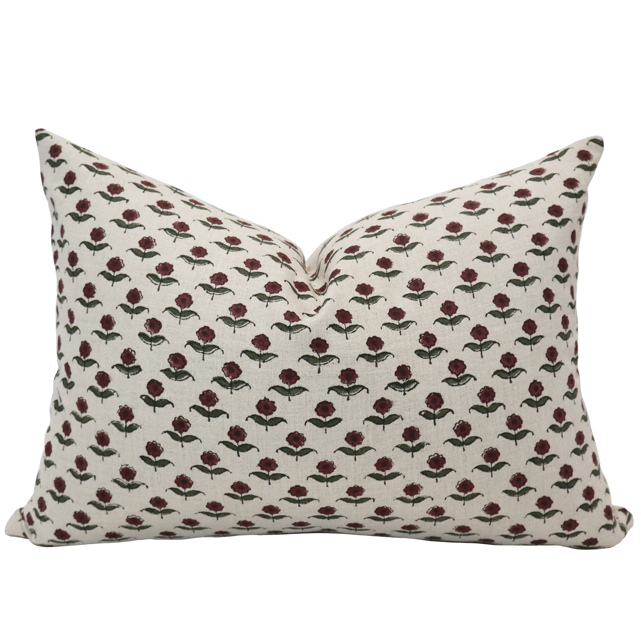 Hackner Home Heritage Rose block print pillow cover in cream with red floral design, handcrafted cotton cushion for timeless home decor.