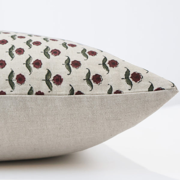 Hackner Home Heritage Rose block print pillow cover in cream with red floral design, handcrafted cotton cushion for timeless home decor.