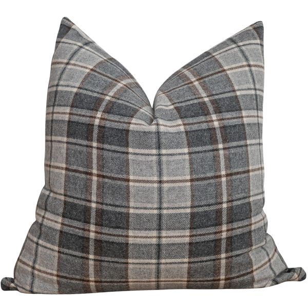 Hackner Home gray and brown plaid wool decorative pillow cover.
