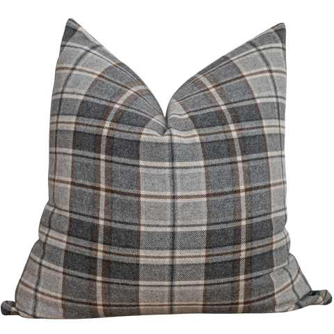 Hackner Home gray and brown plaid wool decorative pillow cover.