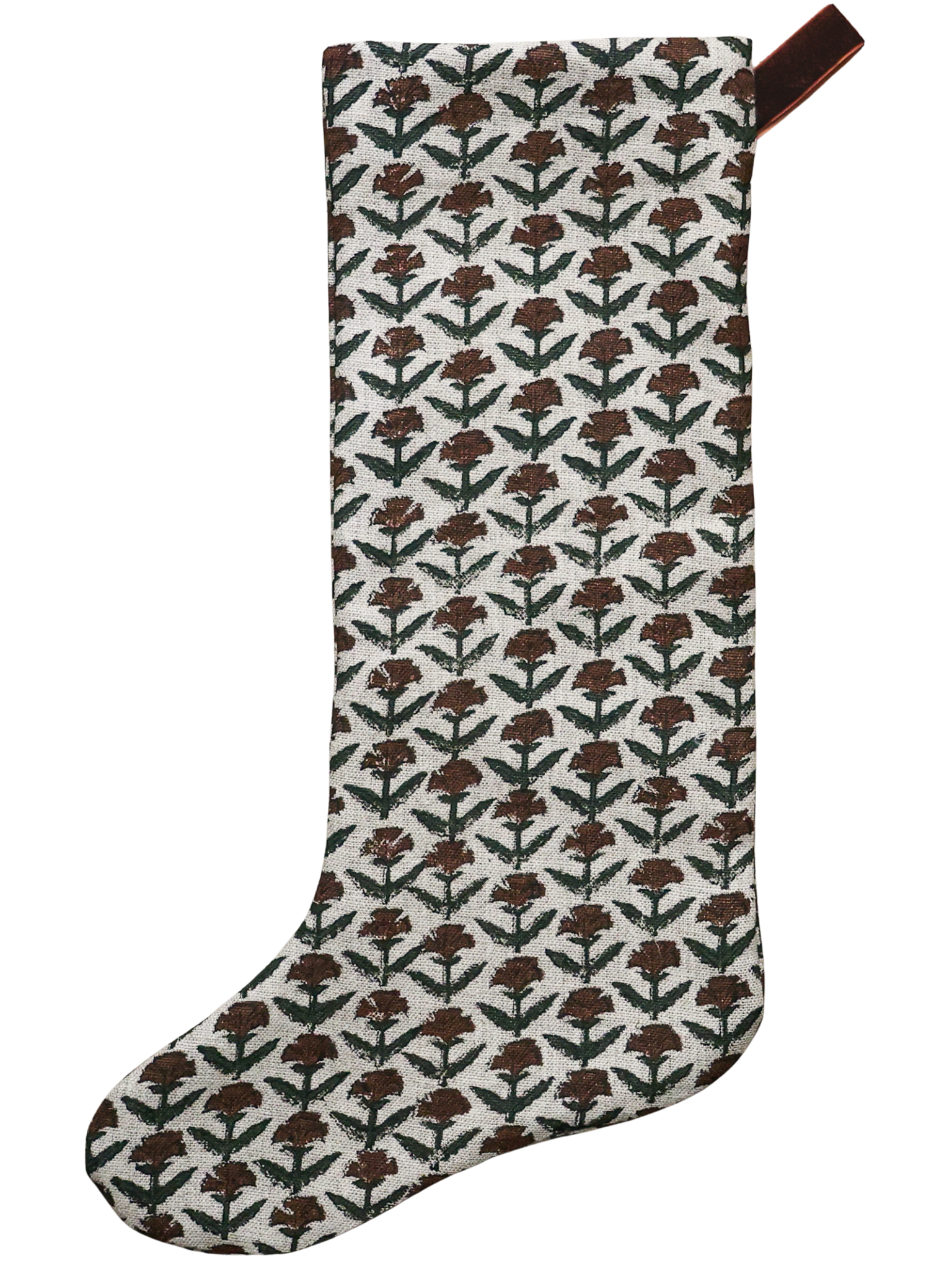 Hackner Home Holly Block Print Large Minimal Christmas Stocking featuring a hand-printed brown and green floral pattern on natural linen with a velvet hanging loop.
