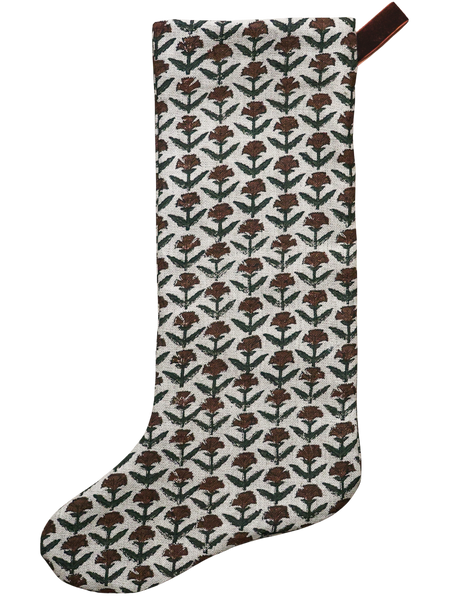 Hackner Home Holly Block Print Large Minimal Christmas Stocking featuring a hand-printed brown and green floral pattern on natural linen with a velvet hanging loop.