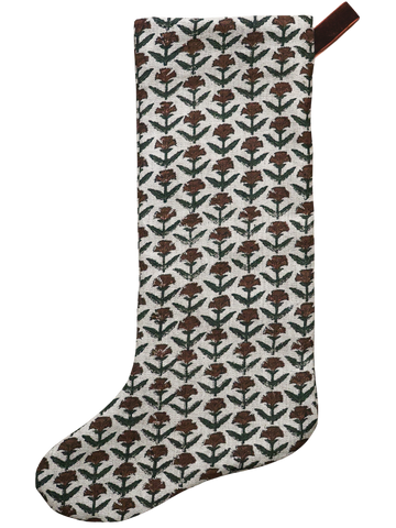 Hackner Home Holly Block Print Large Minimal Christmas Stocking featuring a hand-printed brown and green floral pattern on natural linen with a velvet hanging loop.