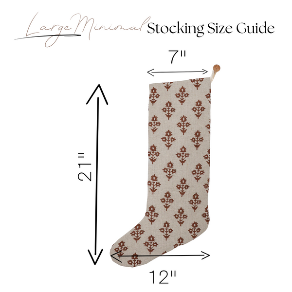 Hackner Home Large Minimal Stocking Size Guide showing measurements of 21 inches tall, 12 inches wide at the foot, and 7 inches across the top, featuring a block print stocking design.