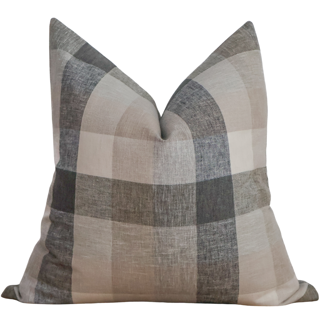 Hackner Home Ironwood plaid pillow cover in neutral taupe and gray tones, made from soft linen with a timeless checkered pattern.