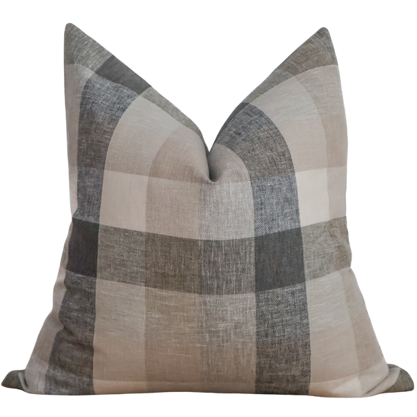 Hackner Home Ironwood plaid pillow cover in neutral taupe and gray tones, made from soft linen with a timeless checkered pattern.