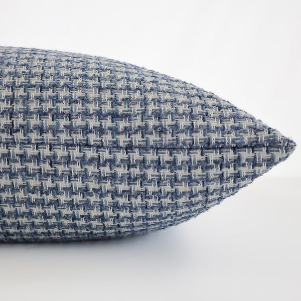 Side view of Hackner Home jacquard houndstooth blue pillow cover highlighting the detailed woven texture and premium craftsmanship.