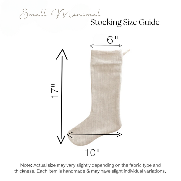 Stocking size guide showing a beige Christmas stocking labeled with dimensions: 17 inches tall, 6 inches wide at the top, and 10 inches wide at the foot. Text notes that actual size may vary slightly since each item is handmade.