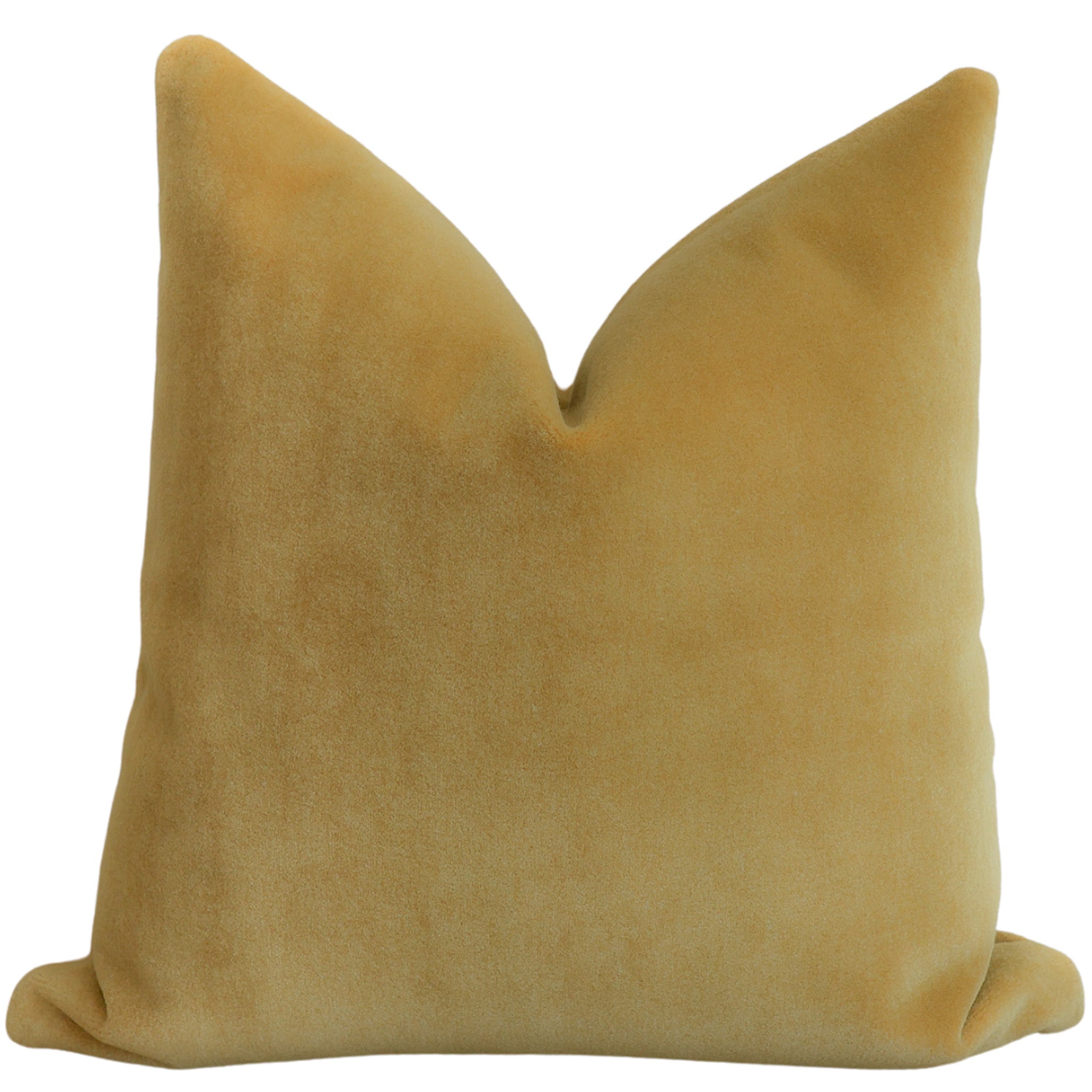Front view of a butterscotch yellow mohair pillow cover with a soft, velvety texture and plush, tailored shape.