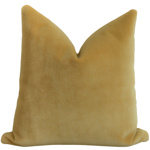 Front view of a butterscotch yellow mohair pillow cover with a soft, velvety texture and plush, tailored shape.