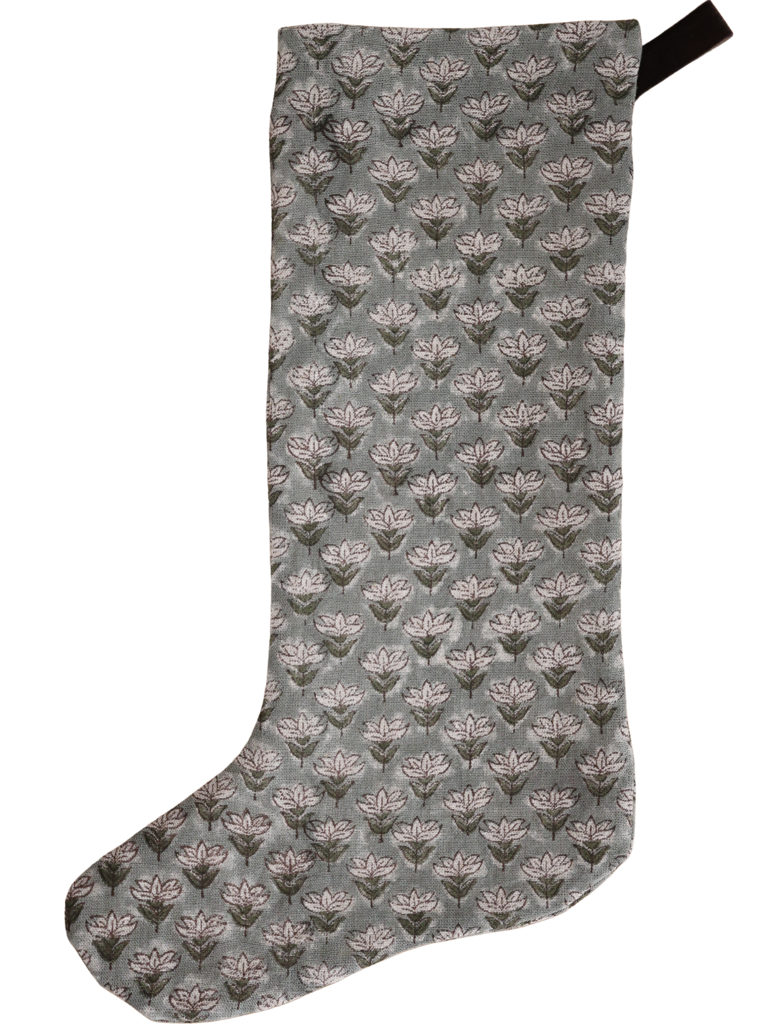 Muted blue floral block print Christmas stocking with a minimal, hand-stamped design and dark fabric loop for hanging.