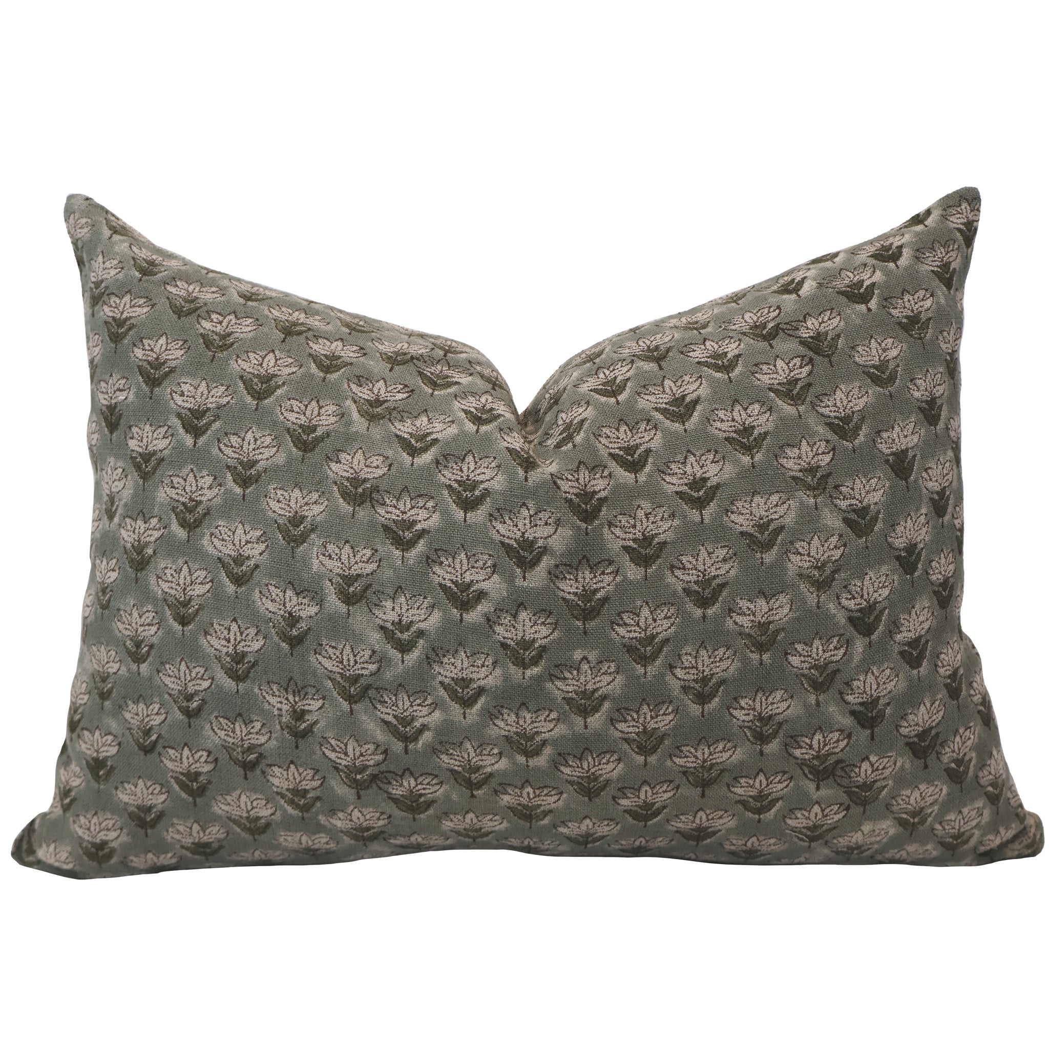 Hackner Home Muted Blue Floral Block Print lumbar pillow cover featuring a soft blue-green base with an intricate white floral pattern.