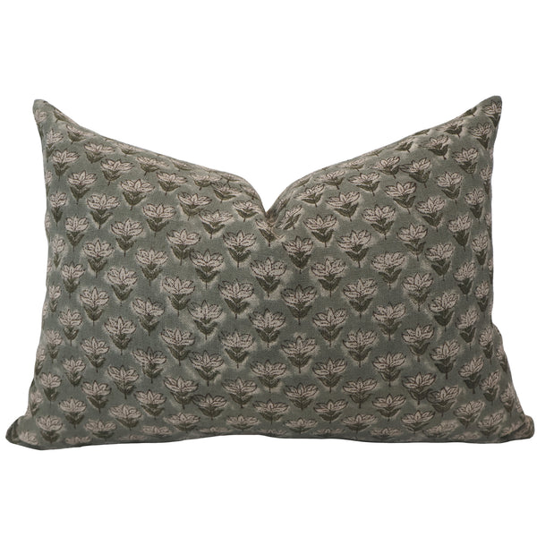 Hackner Home Muted Blue Floral Block Print lumbar pillow cover featuring a soft blue-green base with an intricate white floral pattern.