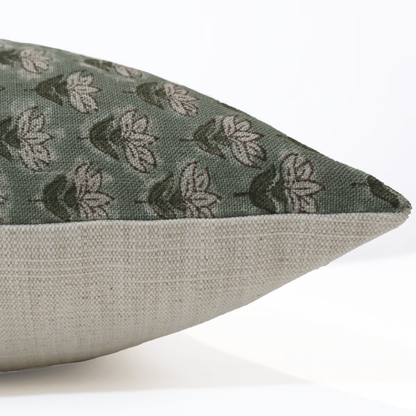 Side view of Hackner Home Muted Blue Floral Block Print pillow cover showing detailed floral pattern and natural linen back panel.