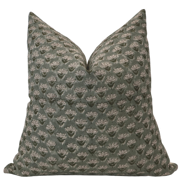 Hackner Home Muted Blue Floral Block Print pillow cover featuring a soft sage-blue base with a repeating hand-block floral pattern.