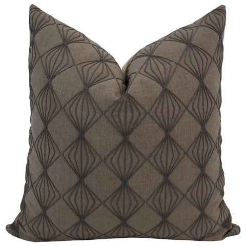 Square brown pillow cover featuring a dark diamond trellis pattern with raised embroidered detailing.